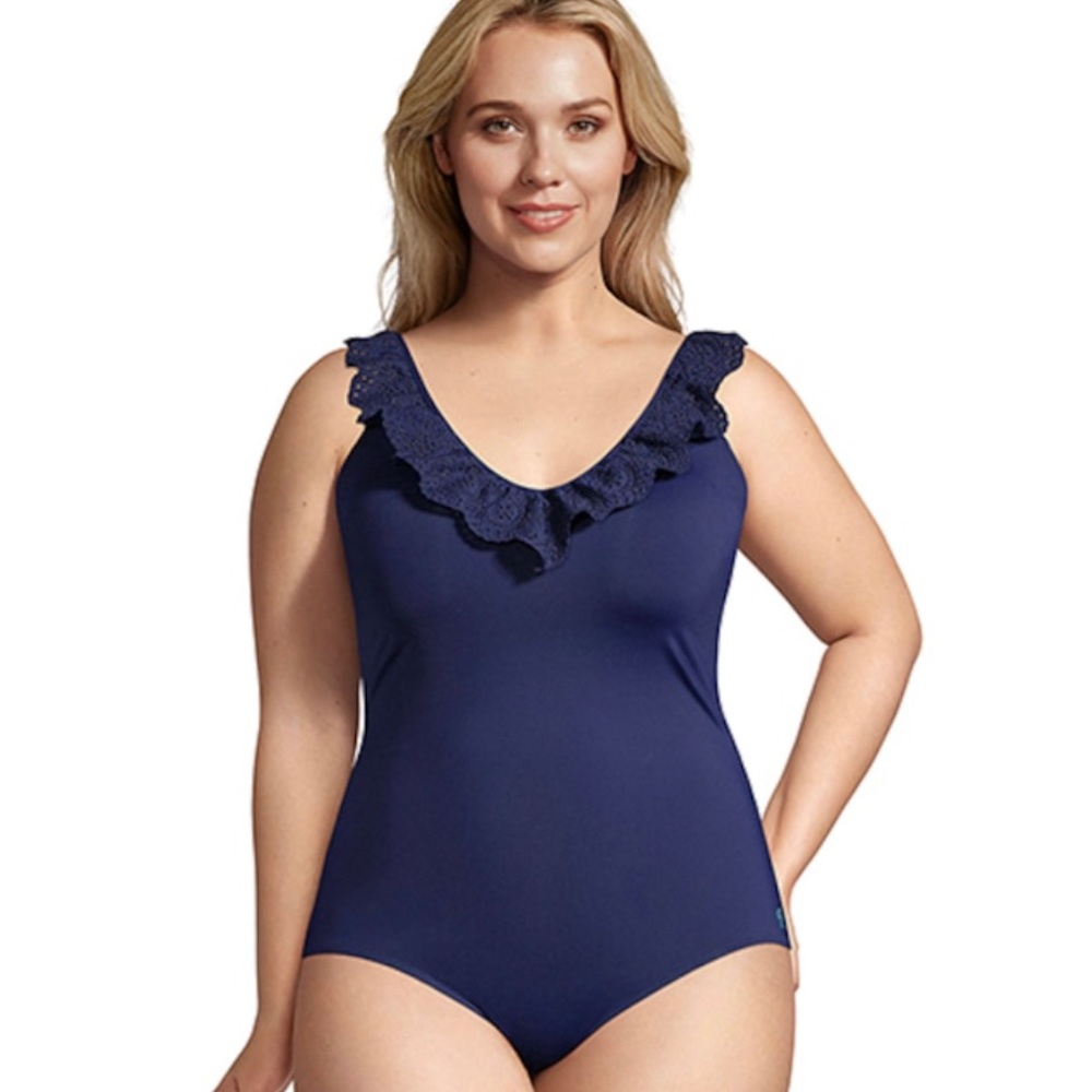 Lands’ End Draper James Ruffle V Neck Swimsuit 20W Navy Blue